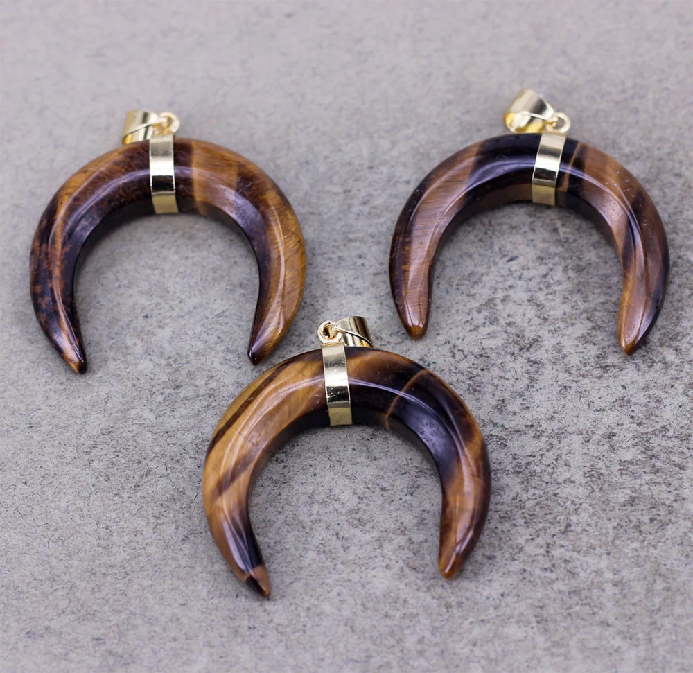 OX-Horn Pendant Natural Crescent Moon Pendants 12mm Natural Multi Color Gemstone 925 Sterling Silver Bezel Set Anniversary Gift's Women or Men Jewelry For Her