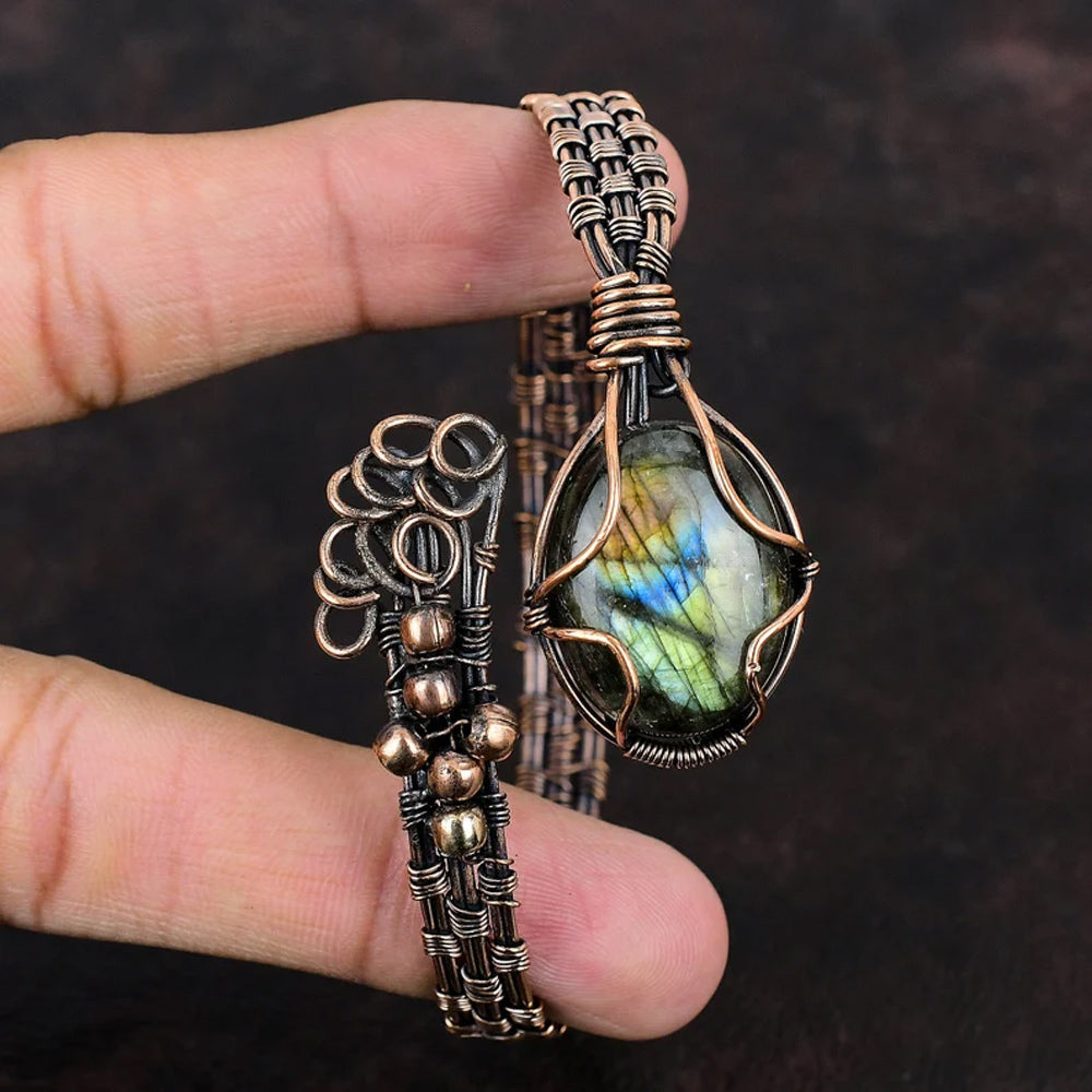 Handmade Oval Shape 20To25MM Copper Adjustable Bracelet Labradorite Stone Bezel With Copper Wire Wrapped Set Fashion Bracelet For Women Gift's