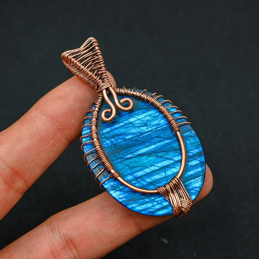 2025 Trendy Handmade Copper Bezel With Tree Wire Wrapped Pendant Oval Shape 25To30MM Labradorite Gemstone Pendant For Happy Birthday Gift's