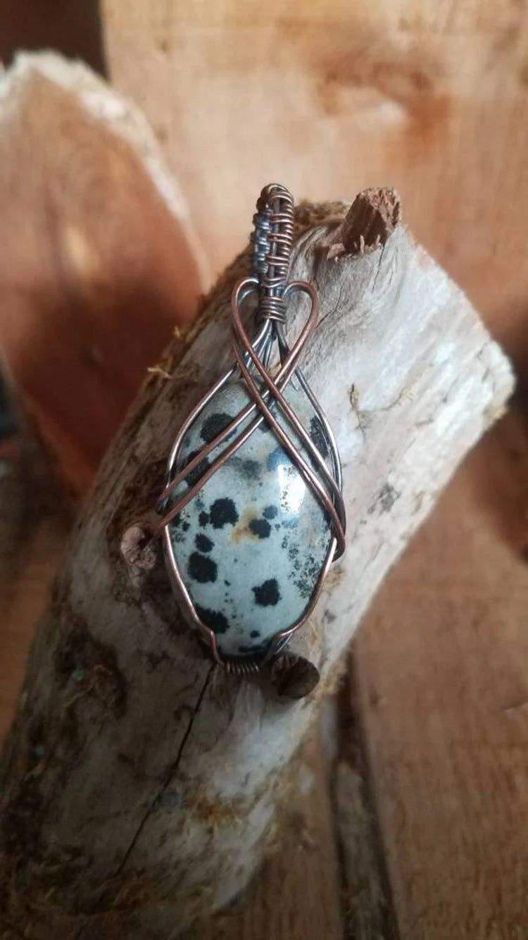 Handmade Copper Bezel With Wire Wrapped Pendant Oval Shape 25To30MM Dalmatian Stone Pendant For Happy Birthday Gift's