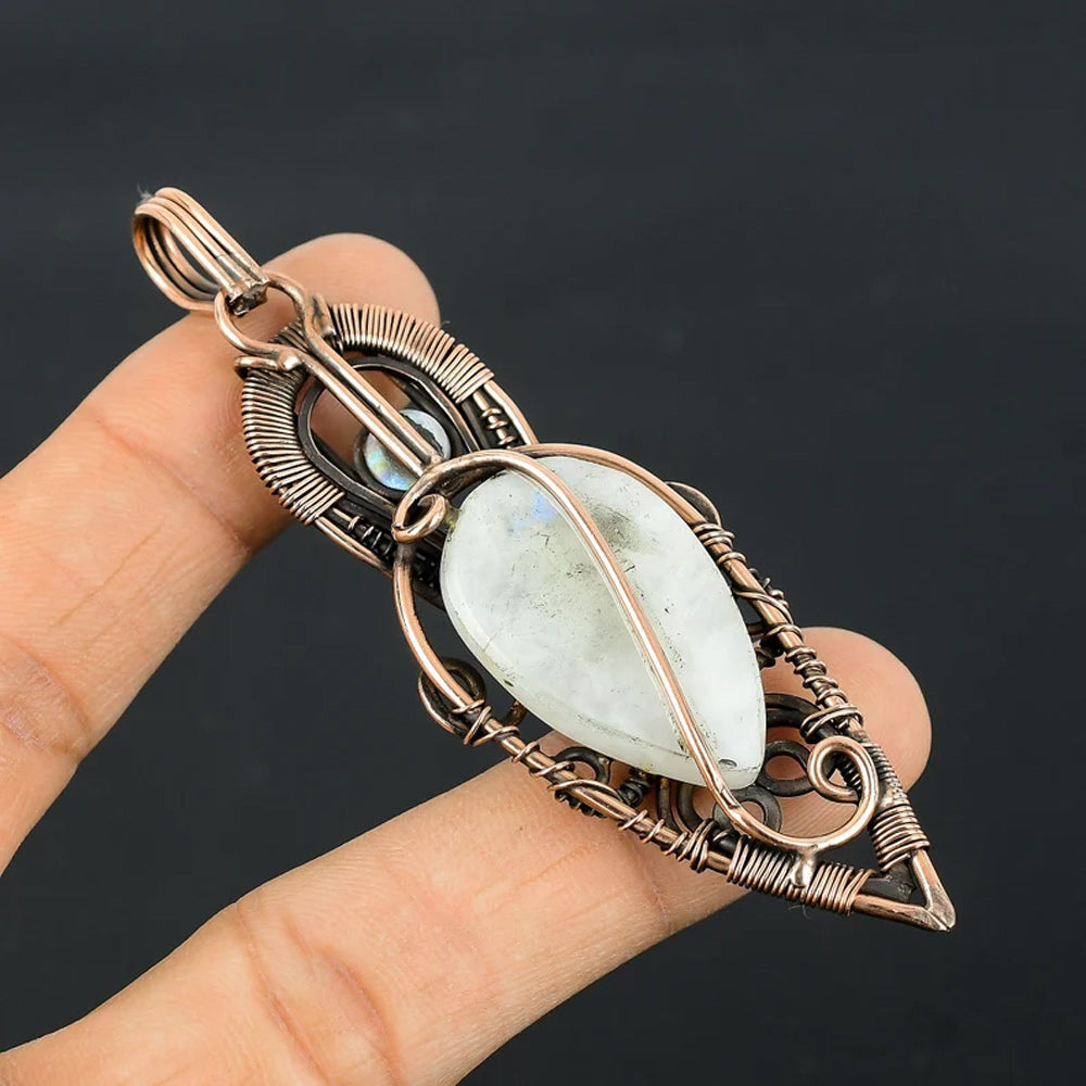 Awesome Handmade Copper/Brass Bezel With Wire Wrapped Pendant Pear Shape 25To30MM Rainbow Moonstone Pendant For Happy Birthday Gift's