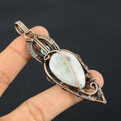 Awesome Handmade Copper/Brass Bezel With Wire Wrapped Pendant Pear Shape 25To30MM Rainbow Moonstone Pendant For Happy Birthday Gift's