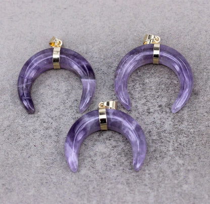 OX-Horn Pendant Natural Crescent Moon Pendants 12mm Natural Multi Color Gemstone 925 Sterling Silver Bezel Set Anniversary Gift's Women or Men Jewelry For Her