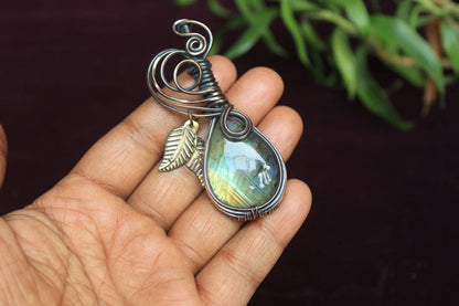 Handmade Brass Wire Wrapped Pendant Pear Shape 25MM Labradorite Stone Pendant For Anniversary Gift for Wife Jewelry