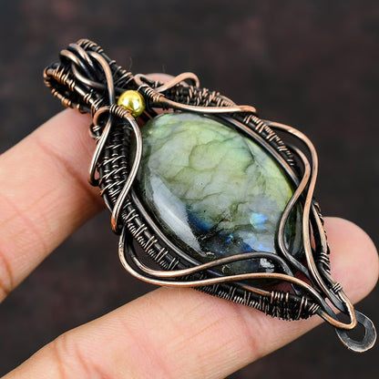 Trendy Handmade Copper Bezel With Wire Wrapped Pendant Round Shape 25To30MM Labradorite Gemstone Pendant For Happy Birthday Gift's
