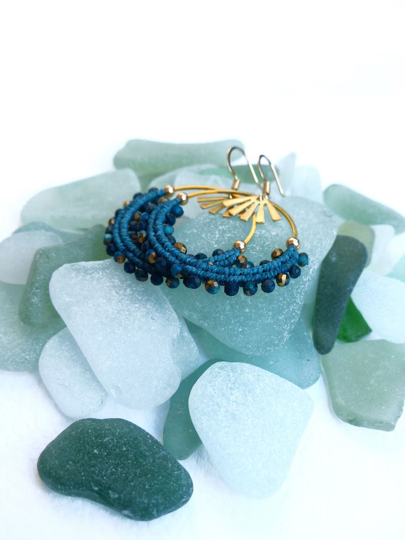 Blue Beaded Macrame Hoop Earrings | Hari Om Creations