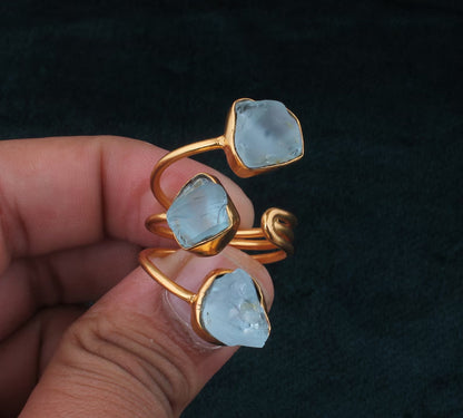 925 Sterling Silver Gold Plated Gemstone Rings 8X12MM Handmade Aquamarine Stone Raw Shape Bezel Set Ring For Her Jewelry