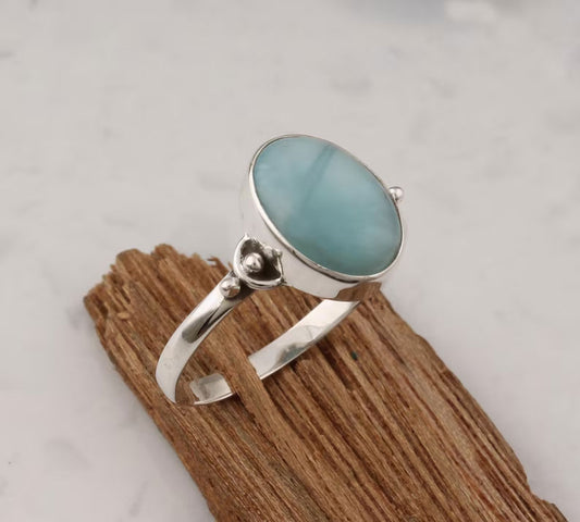 Handmade Sterling Silver Rings 10X12MM Oval Shaped Larimar Gemstone Bezel Setting For Anniversary Gift Women or Men Jewelry For Her