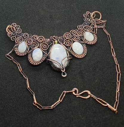 Handmade Wire Wrapped Brass Necklace Stone Size 25To30MM Pear Shape Rainbow Moonstone Bezel Set Necklace For Happy Birthday Gift For Women