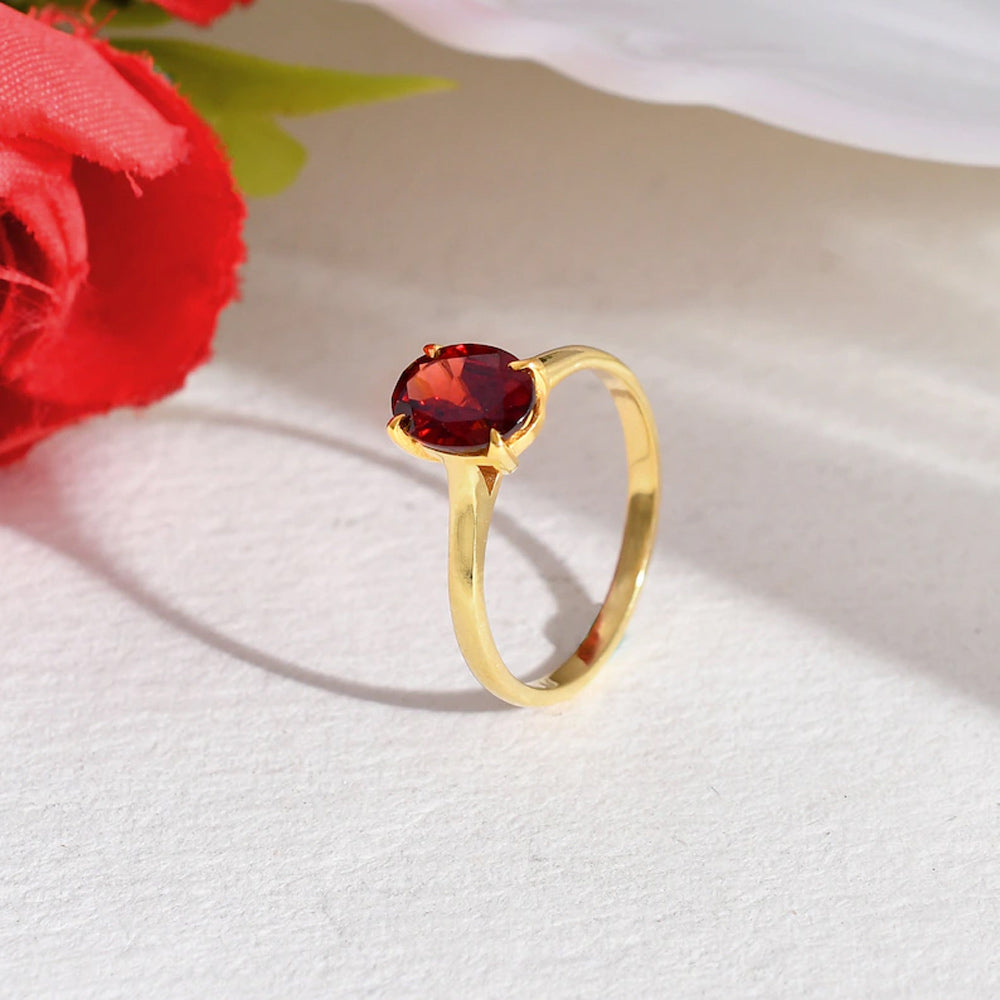 925 Sterling Silver Gold Plated Gemstone Rings Handmade Garnet Cut Stone Oval Shape Prong Set Ring For Her Jewelry