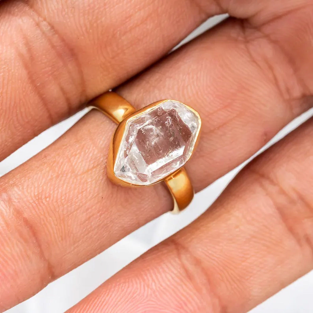 Trendy 925 Sterling Silver Gold Plated Gems Rings 8To10MM Handmade Herkimer Raw Stone Raw Shape Bezel Set Ring For Her Jewelry