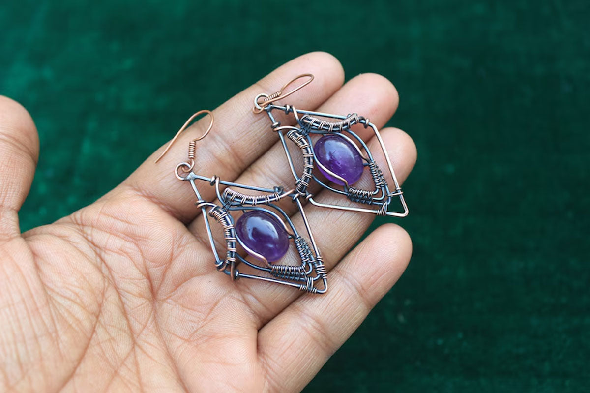 Handmade Metal Wire Wrapped Dangle Pair Earrings Amethyst Gemstone Stone Size 8To10MM Oval Shape Wire Wrapped Setting Earring Foe Women's Gift Jewelry