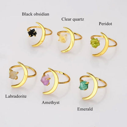 Trendy 2025 Half Moon Shape 15mm 925 Sterling Silver Gold Plated Ring With Amethyst Raw Gemstone Crafted By Hand Jewelry Fine Ring Prong Setting For Anniversary Gift's Women or Men Jewelry For Her