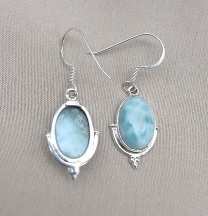 2025 Trendy Sterling Silver Dangle Pair Earring 10X14MM Oval Shaped Larimar Gemstone Bezel Setting For Anniversary Gift Women or Men Jewelry For Her