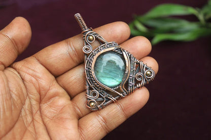 Handmade Brass Wire Wrapped Pendant Round Shape 25MM Labradorite Stone Pendant For Anniversary Gift for Wife Jewelry