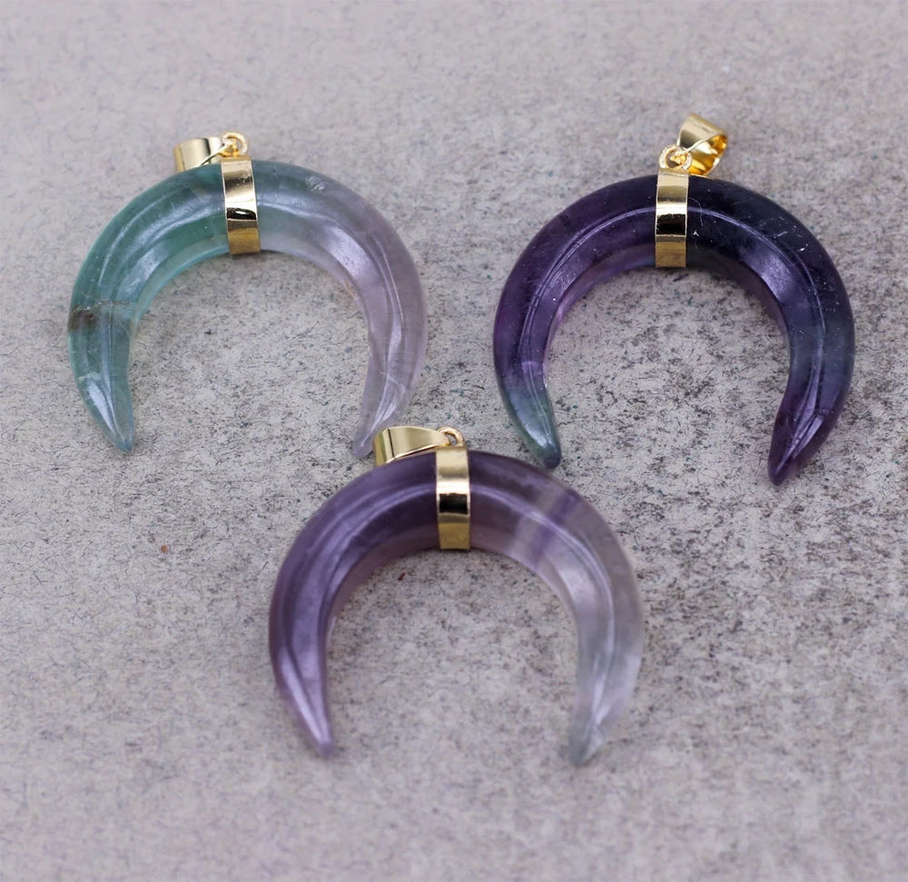 OX-Horn Pendant Natural Crescent Moon Pendants 12mm Natural Multi Color Gemstone 925 Sterling Silver Bezel Set Anniversary Gift's Women or Men Jewelry For Her