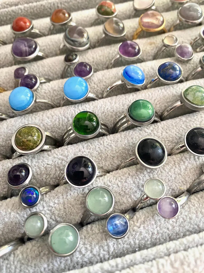 Rainbow Moonstone Gems Round 10MM Handmade Sterling Silver Gold Ox side Ring Bezel Set  For Anniversary Gift Women or Men Jewelry For Her