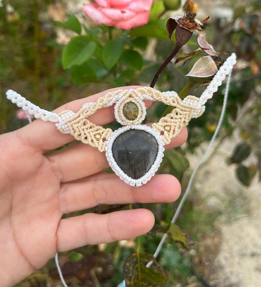 White & Gold Macrame Dual-Stone Necklace | Hari Om Creations