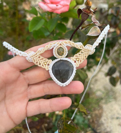 White & Gold Macrame Dual-Stone Necklace | Hari Om Creations