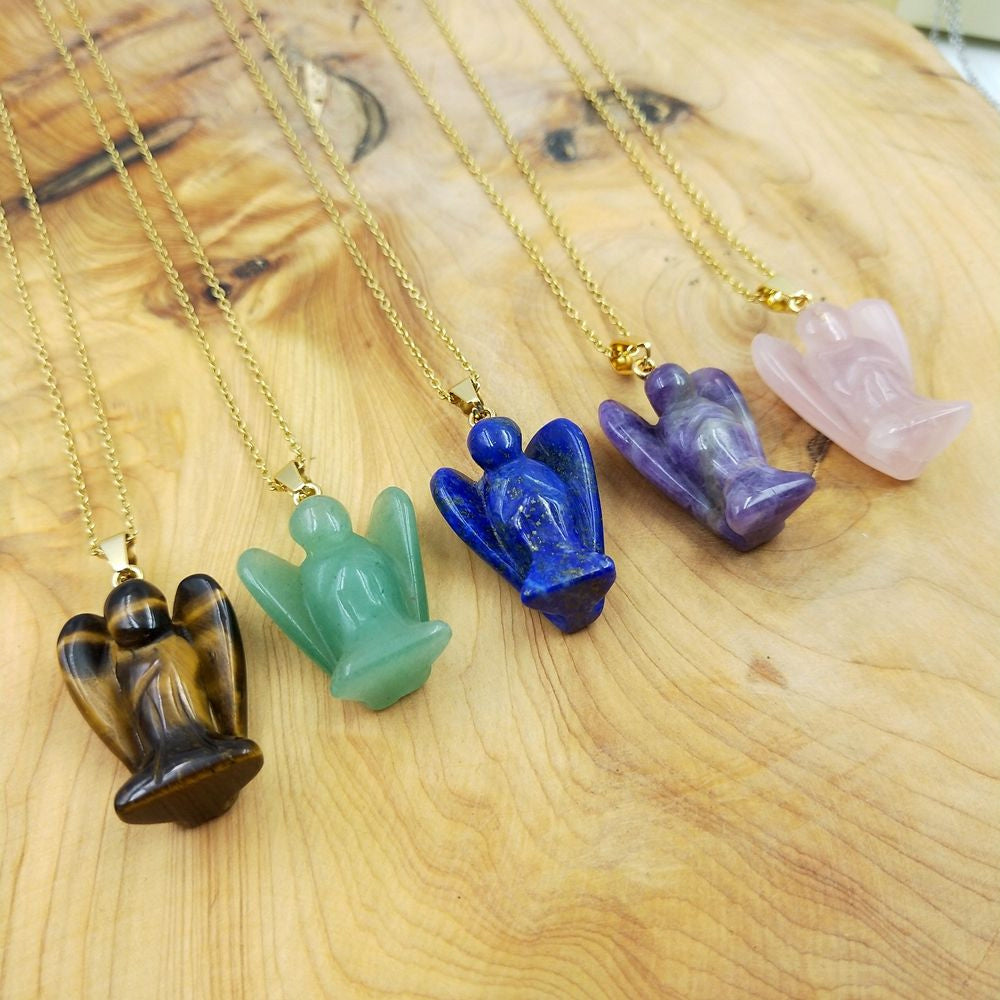 Angel Shape 15mm Pendant Natural Multi Gemstone Pendants With Chain 925 Sterling Silver Gold Plated Drilled Set Anniversary Gift's Women and girl Jewelry For Her