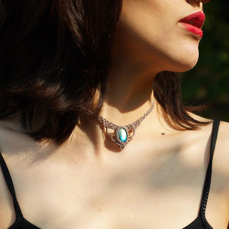 Dainty Labradorite Macrame Choker | Minimalist Boho Style