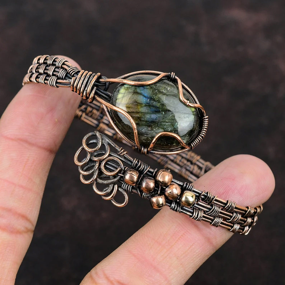 Handmade Oval Shape 20To25MM Copper Adjustable Bracelet Labradorite Stone Bezel With Copper Wire Wrapped Set Fashion Bracelet For Women Gift's