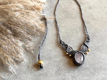 Crafted By Hand Macrame Necklace Oval Shape 15To20MM Approx Rose Quartz Gems Jewelry Awesome Necklace Gray Color Threads Bezel Set For Happy Birthday Gift Women Jewelry