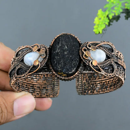 Handmade 25t030MM Oval Shape Black Druzy Stone With 10To15MM Rainbow Moonstone Copper Adjustable Bracelet Bezel With Copper Wire Wrapped Set Fashion Bracelet For Women Gift's