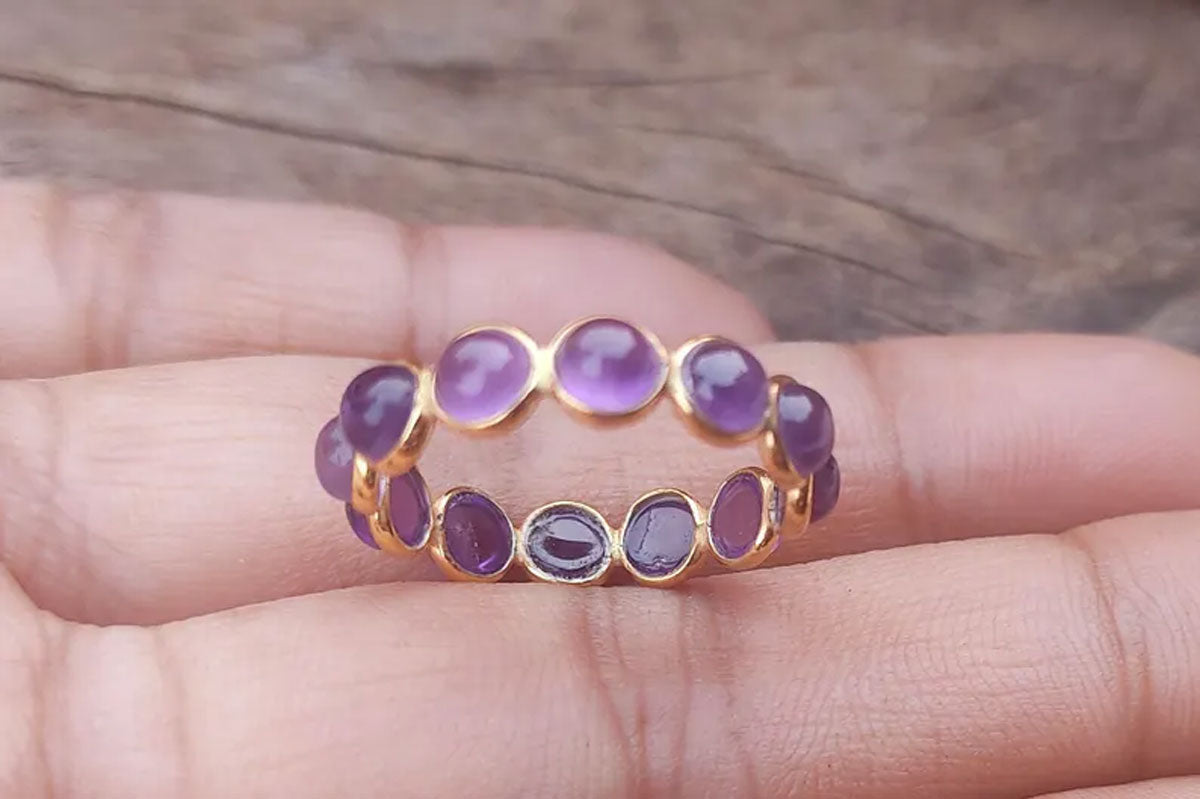 Trendy 925 Sterling Silver Gold Plated Gems Rings 3MM Handmade Amethyst Stone Round Shape Bezel Set Ring For Her Jewelry