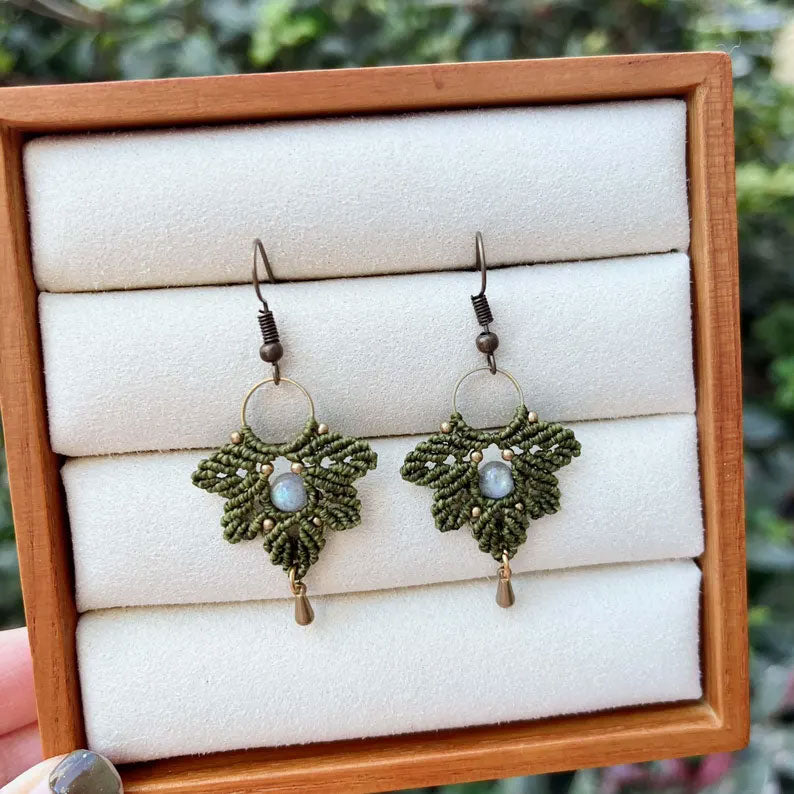 Forest Green Macrame Leaf Earrings | Hari Om Creations