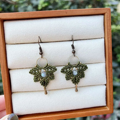 Forest Green Macrame Leaf Earrings | Hari Om Creations