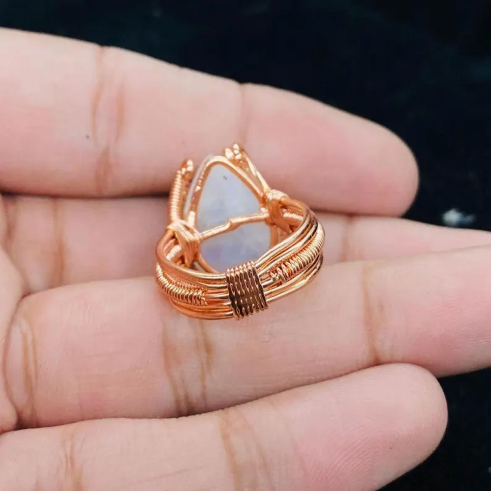 Adjustable Handmade Wire Wrapped Brass Ring Size 10To15 Oval Shape Opalite Quartz Stone Bezel Set Ring For Happy Birthday Gift For Women