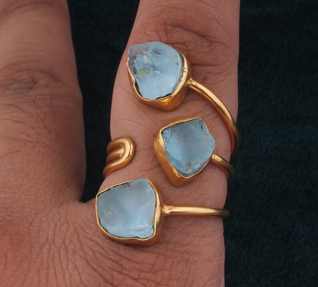 925 Sterling Silver Gold Plated Gemstone Rings 8X12MM Handmade Aquamarine Stone Raw Shape Bezel Set Ring For Her Jewelry