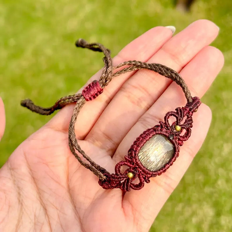 Maroon Macrame Sunstone Bracelet | Boho Hand-Woven Jewelry
