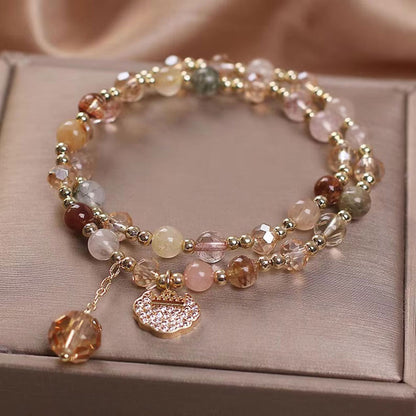Handmade Brass Bracelet with Rutile Quartz & Pink Chalcedony | 8MM