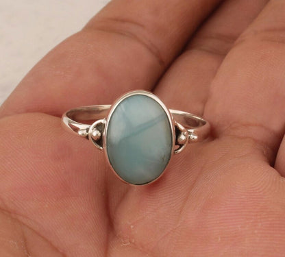 Handmade Sterling Silver Rings 10X12MM Oval Shaped Larimar Gemstone Bezel Setting For Anniversary Gift Women or Men Jewelry For Her