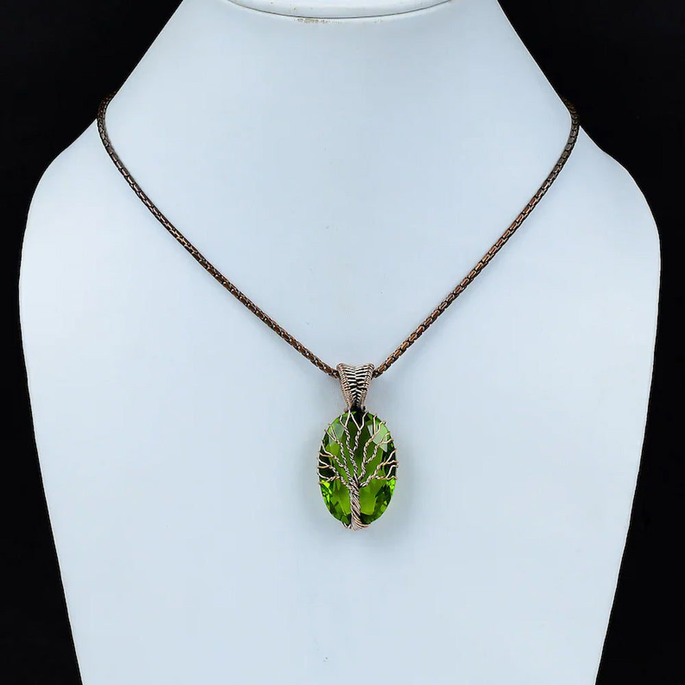 Trendy Handmade Copper Bezel With Tree Wire Wrapped Pendant Oval Shape 25To30MM Paridot Quartz Gemstone Pendant For Happy Birthday Gift's