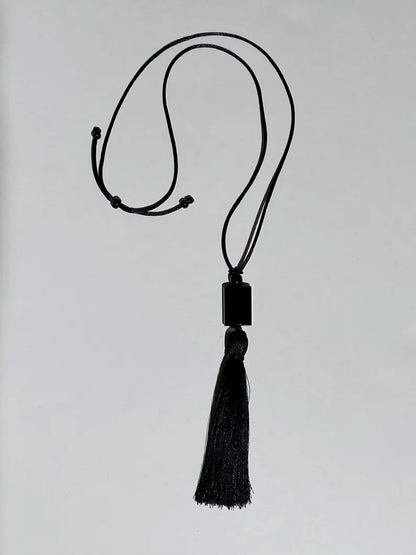 Black Tassel Necklace with Square Bead | Handmade Jewelry