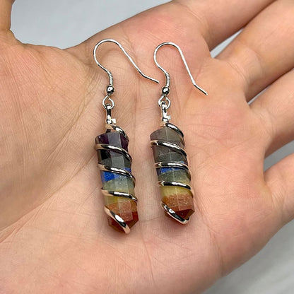 Handmade Metal Wire Wrapped Dangle Pair Earrings Seven Chakra Gemstone Stone Size 15To20MM Pencil Shape Wire Wrapped Setting Earring Foe Women's Gift Jewelry