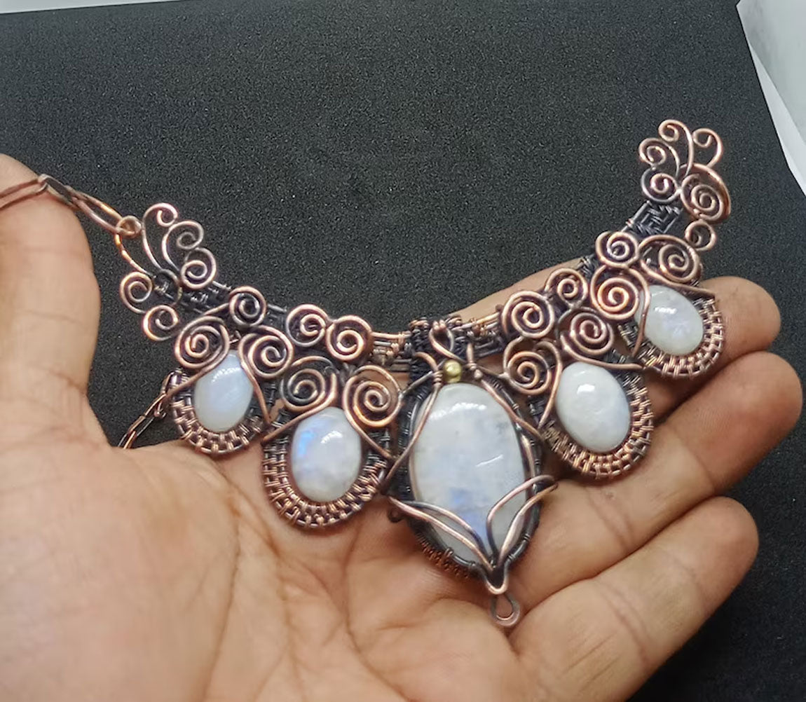 Handmade Wire Wrapped Brass Necklace Stone Size 25To30MM Pear Shape Rainbow Moonstone Bezel Set Necklace For Happy Birthday Gift For Women
