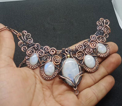Handmade Wire Wrapped Brass Necklace Stone Size 25To30MM Pear Shape Rainbow Moonstone Bezel Set Necklace For Happy Birthday Gift For Women