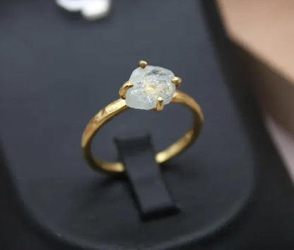 925 Sterling Silver Gold Plated Gems Rings 8To10MM Handmade White Druzy Stone Raw Shape Prong Set Ring For Her Jewelry