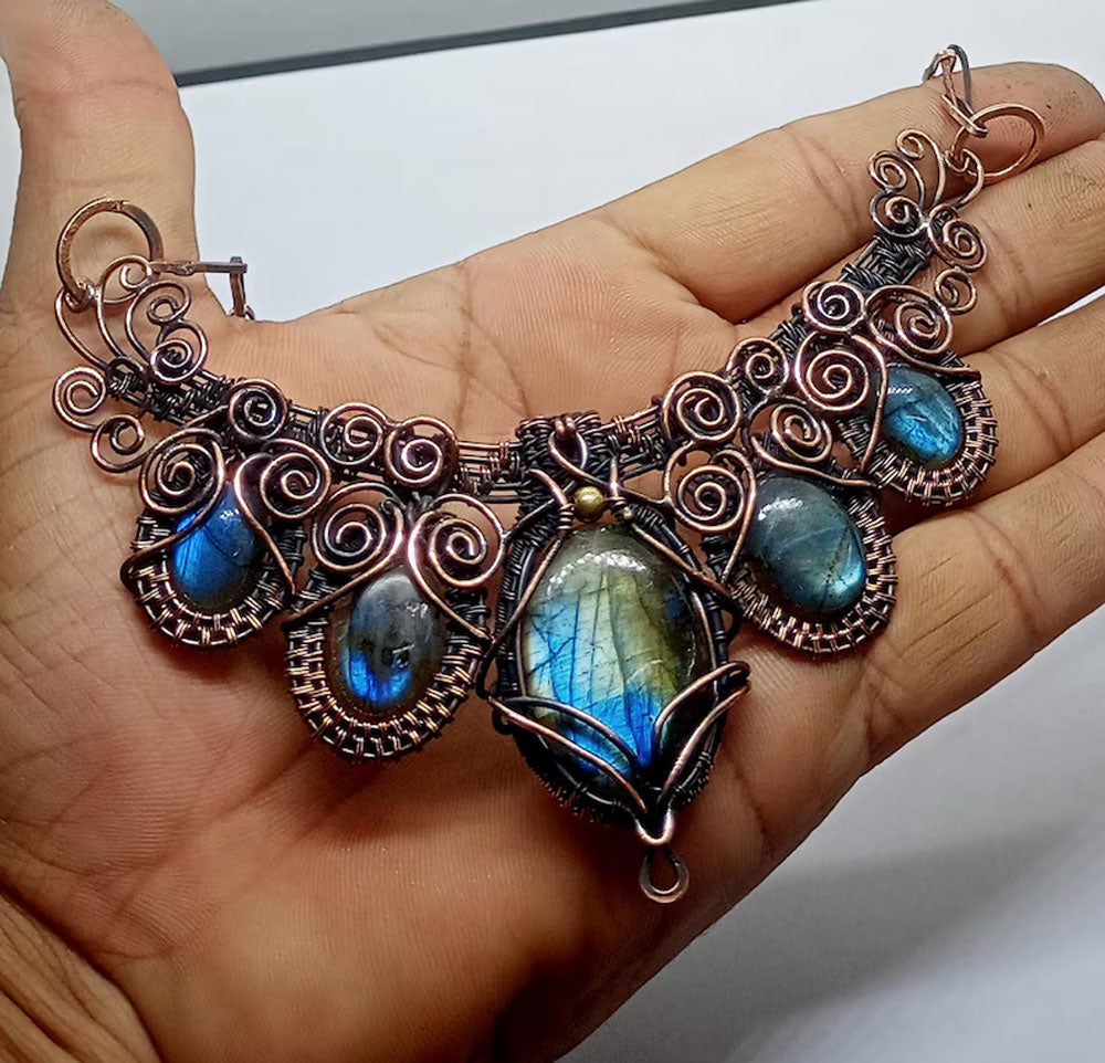 Handmade Wire Wrapped Brass Necklace Stone Size 15To30MM Pear Shape Labradorite Bezel Set Necklace For Happy Birthday Gift For Women