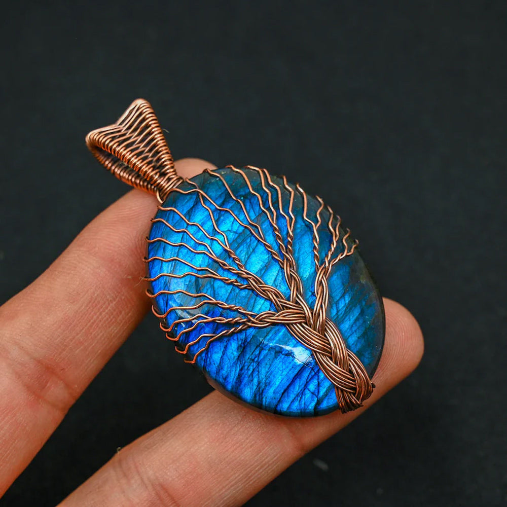 2025 Trendy Handmade Copper Bezel With Tree Wire Wrapped Pendant Oval Shape 25To30MM Labradorite Gemstone Pendant For Happy Birthday Gift's