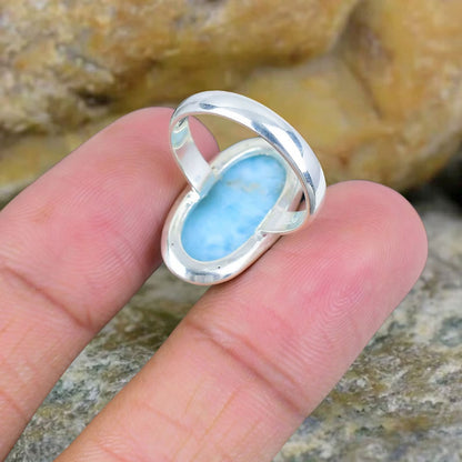 2025 Trendy Crafted By Hand Sterling Silver Rings 10X14MM Oval Shaped Larimar Gemstone Bezel Setting For Anniversary Gift Women or Men Jewelry For Her
