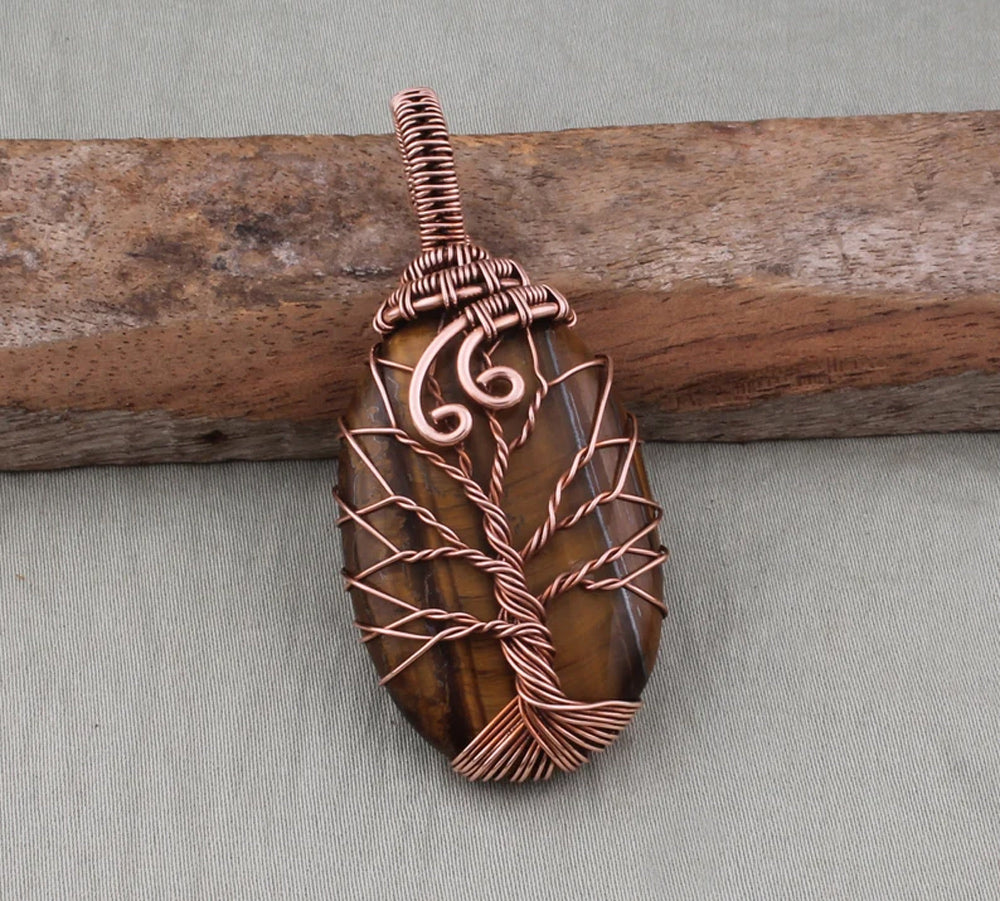 Handmade Copper Bezel With Tree Wire Wrapped Pendant Oval Shape 25To30MM Tiger Eye Stone Pendant For Happy Birthday Gift's