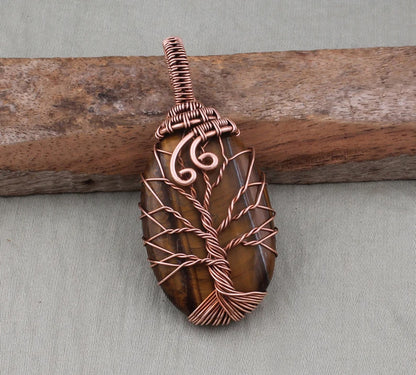 Handmade Copper Bezel With Tree Wire Wrapped Pendant Oval Shape 25To30MM Tiger Eye Stone Pendant For Happy Birthday Gift's