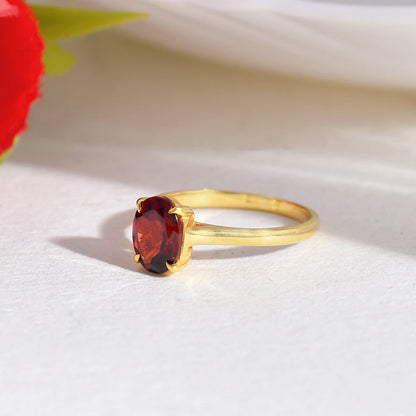 925 Sterling Silver Gold Plated Gemstone Rings Handmade Garnet Cut Stone Oval Shape Prong Set Ring For Her Jewelry