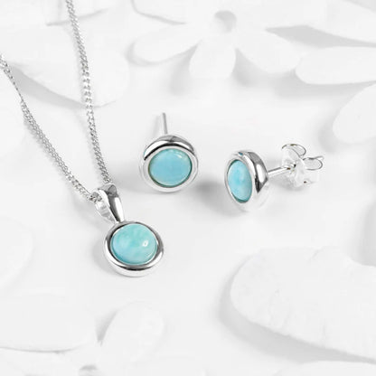 Natural Larimar Gemstone Brass Stud Earrings Handmade