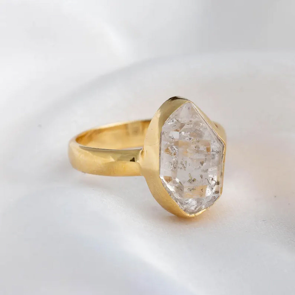Trendy 925 Sterling Silver Gold Plated Gems Rings 8To10MM Handmade Herkimer Raw Stone Raw Shape Bezel Set Ring For Her Jewelry